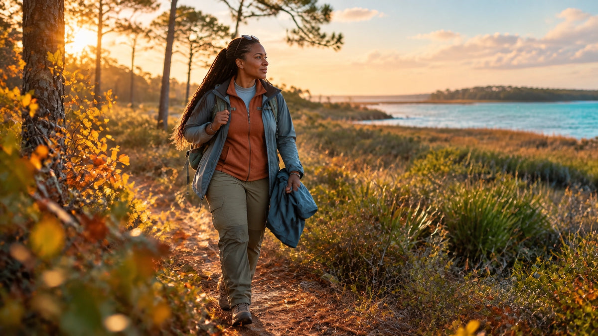 A woman in practical fall layers hiking a sunlit woodland trail near the coast