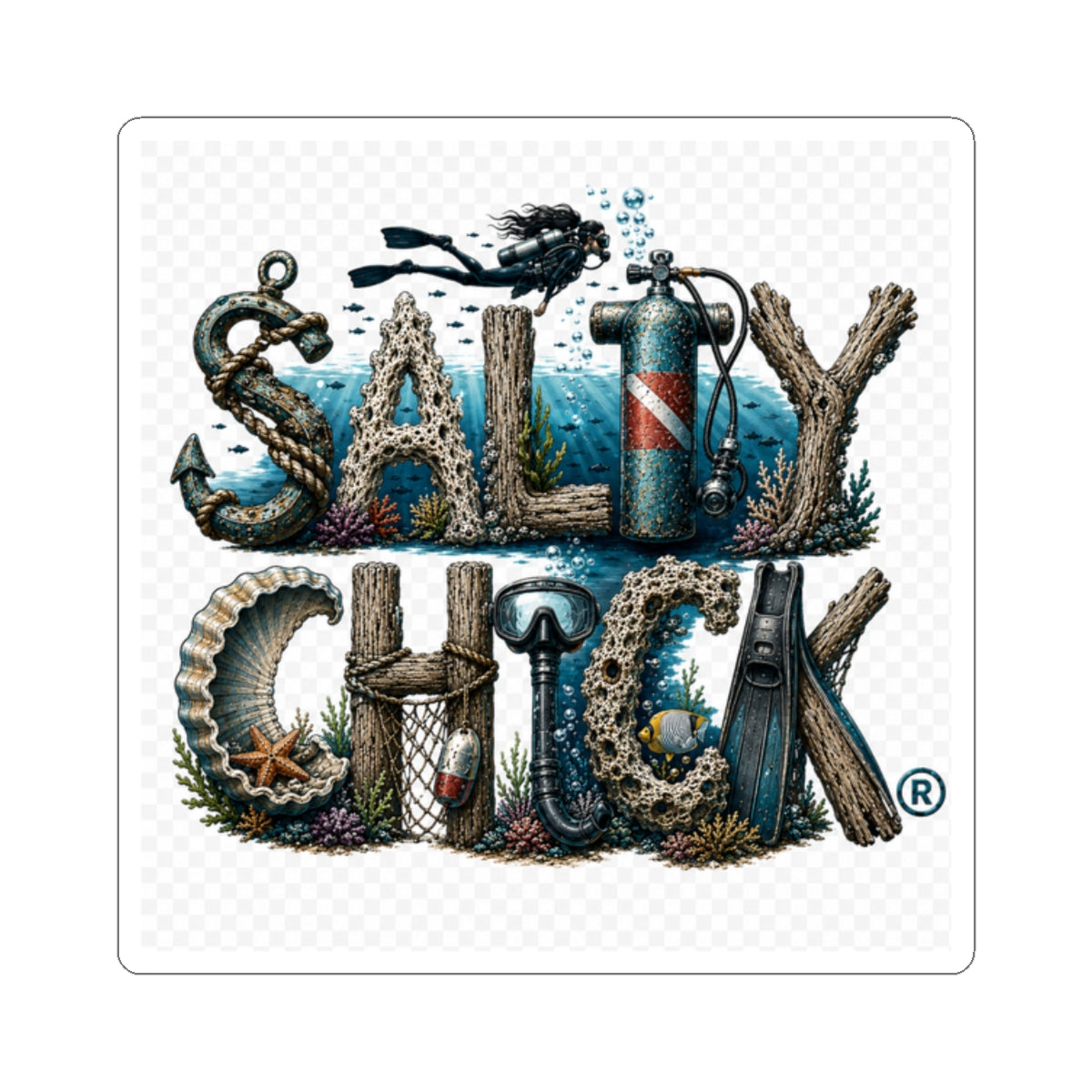 Salty Chick Diver Kiss-Cut Vinyl Sticker – Coastal Life