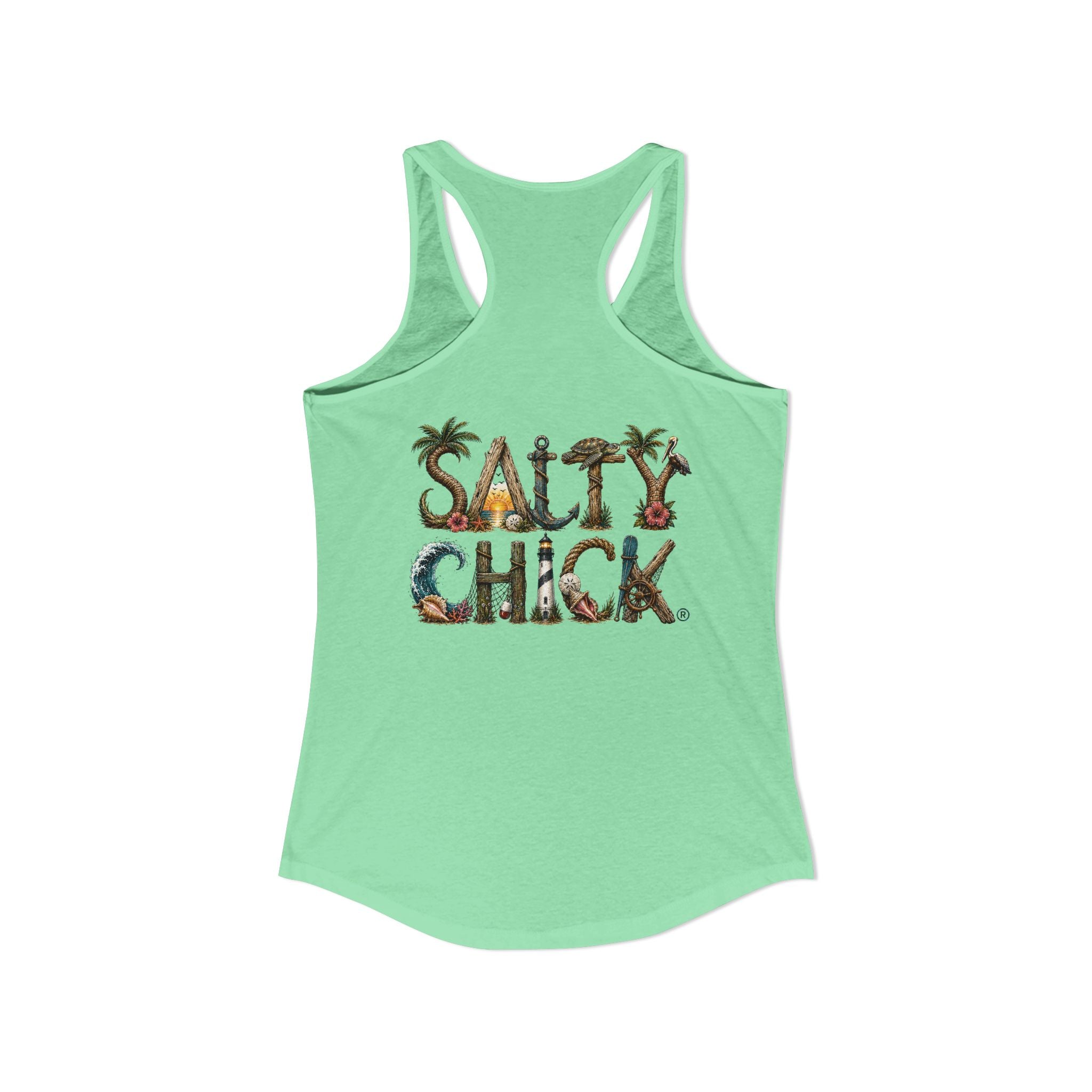 Performance Racerback Tank-Land Salty Chick lettering