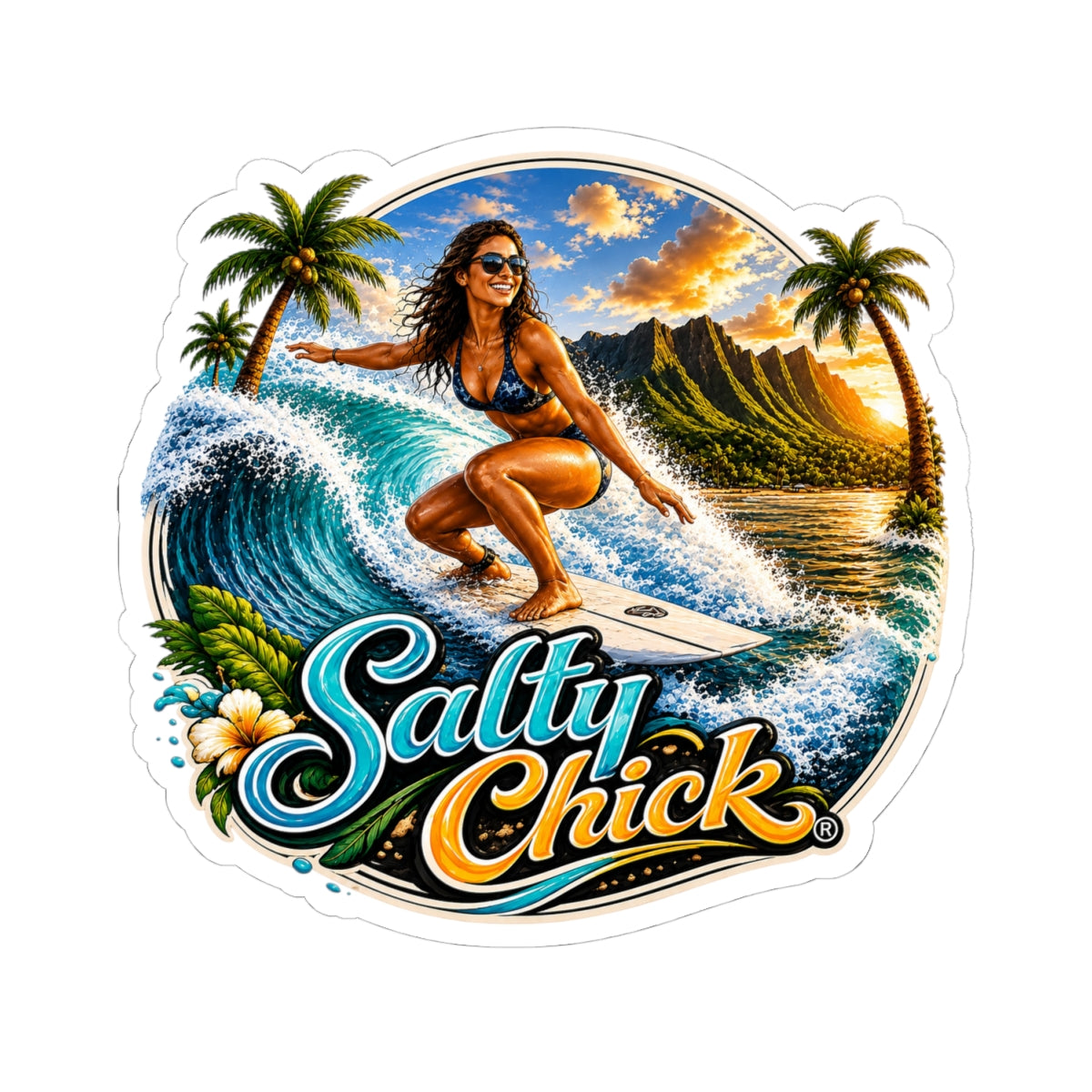Salty Chick Surf & Sunset Kiss-Cut Vinyl Sticker – Coastal Life