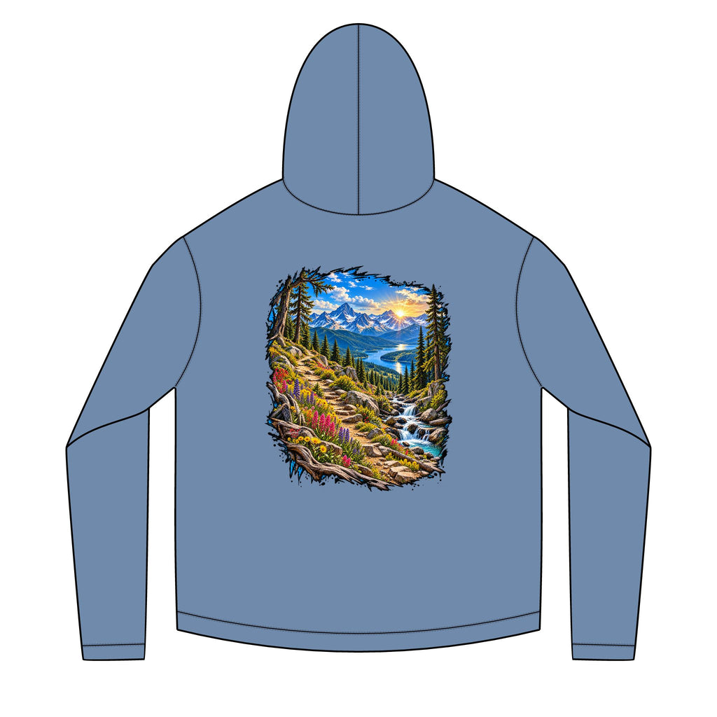 Mountain Sunrise Hoodie — Scenic Nature Backprint with 'Stay Wild' Chest Logo