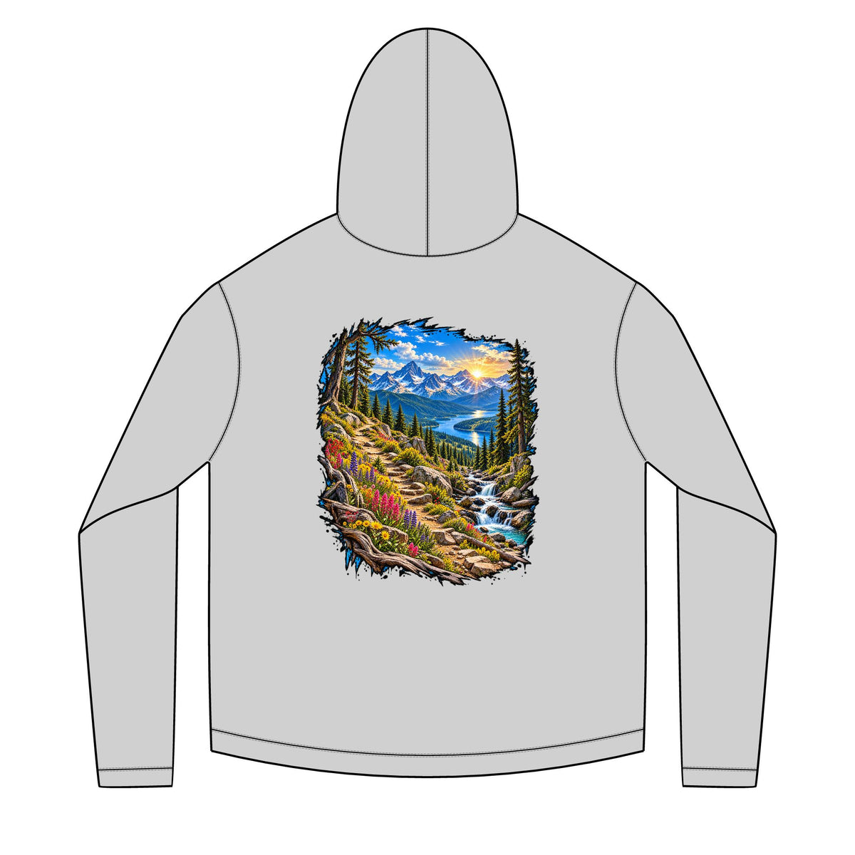 Mountain Sunrise Hoodie — Scenic Nature Backprint with 'Stay Wild' Chest Logo
