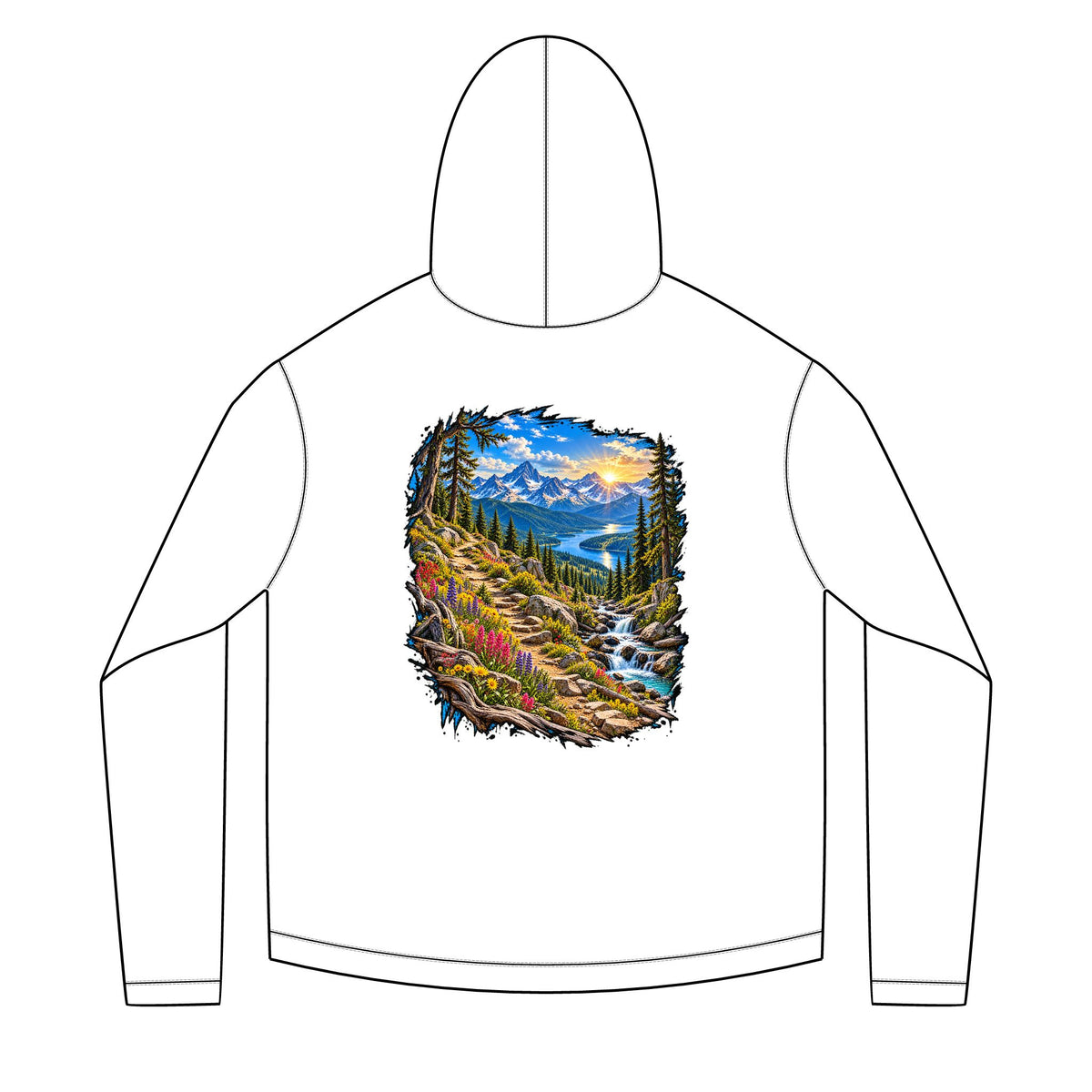 Mountain Sunrise Hoodie — Scenic Nature Backprint with 'Stay Wild' Chest Logo
