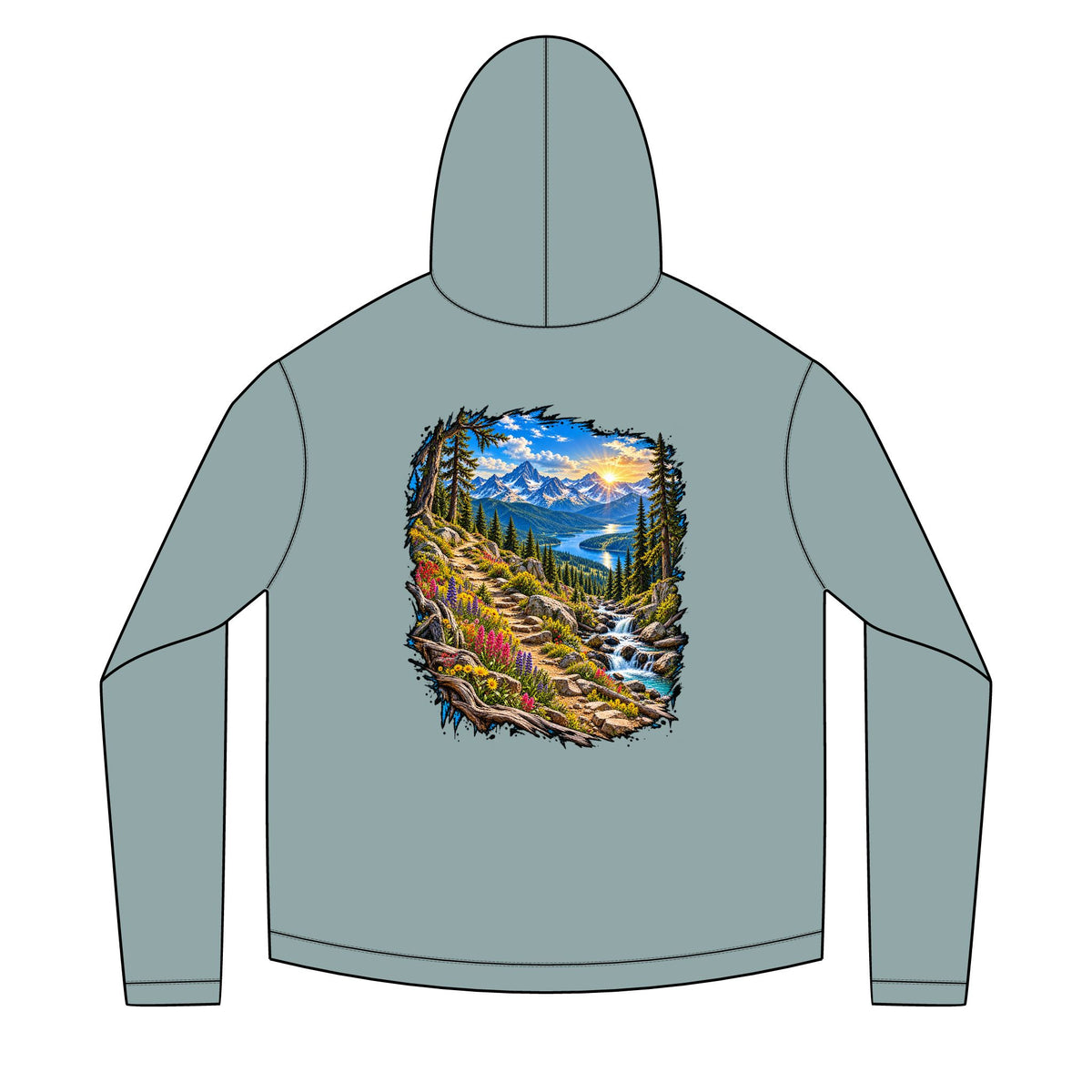 Mountain Sunrise Hoodie — Scenic Nature Backprint with 'Stay Wild' Chest Logo