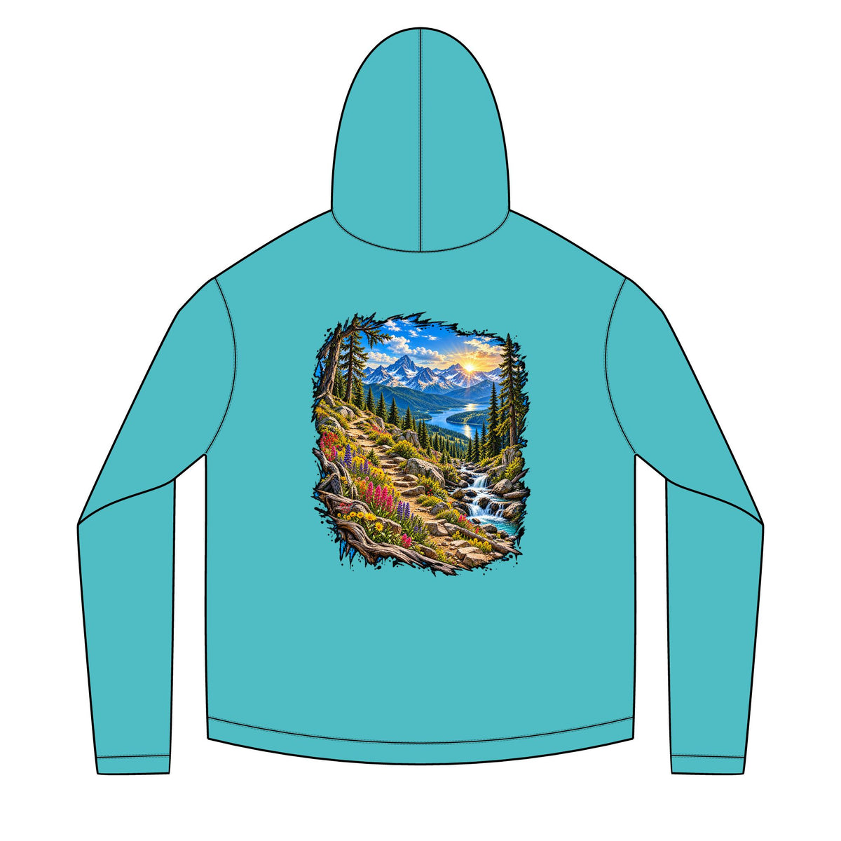 Mountain Sunrise Hoodie — Scenic Nature Backprint with 'Stay Wild' Chest Logo