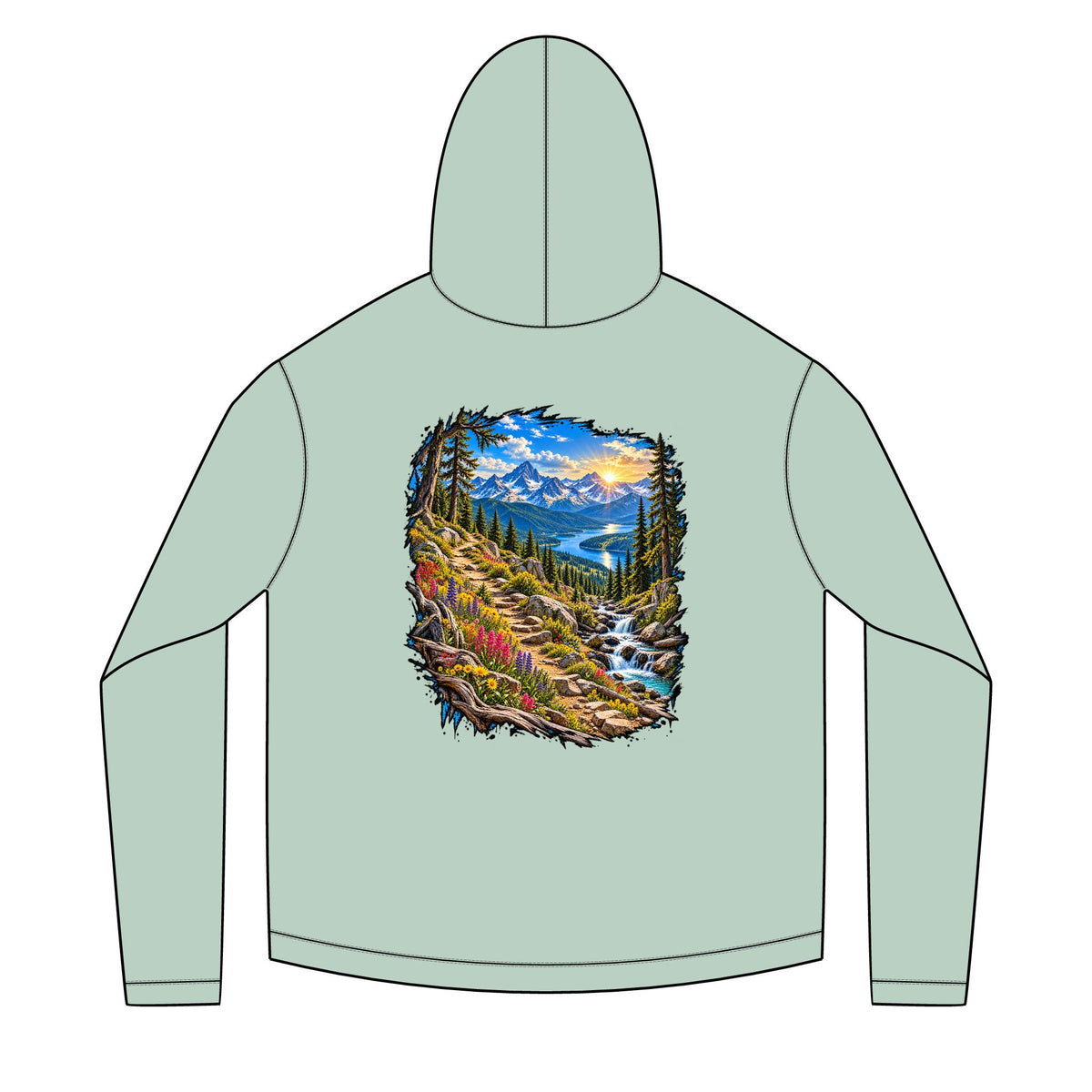 Mountain Sunrise Hoodie — Scenic Nature Backprint with 'Stay Wild' Chest Logo